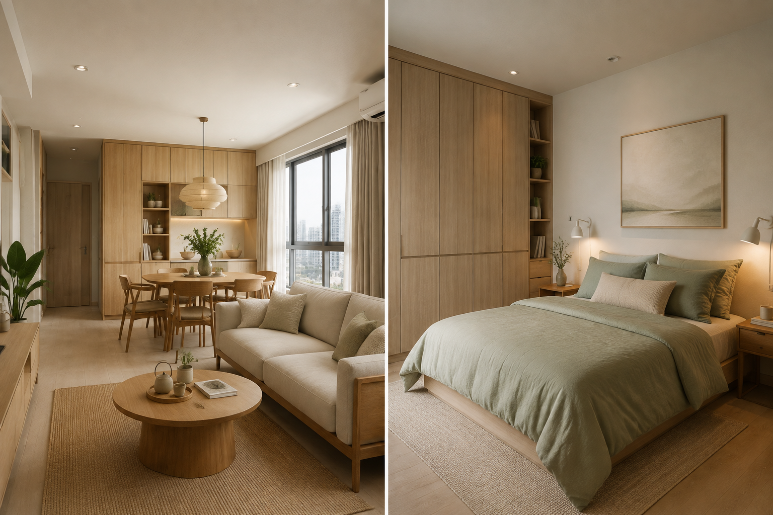 AI-generated concept examples: a warm Japandi living room and a Scandinavian bedroom with sage bedding
